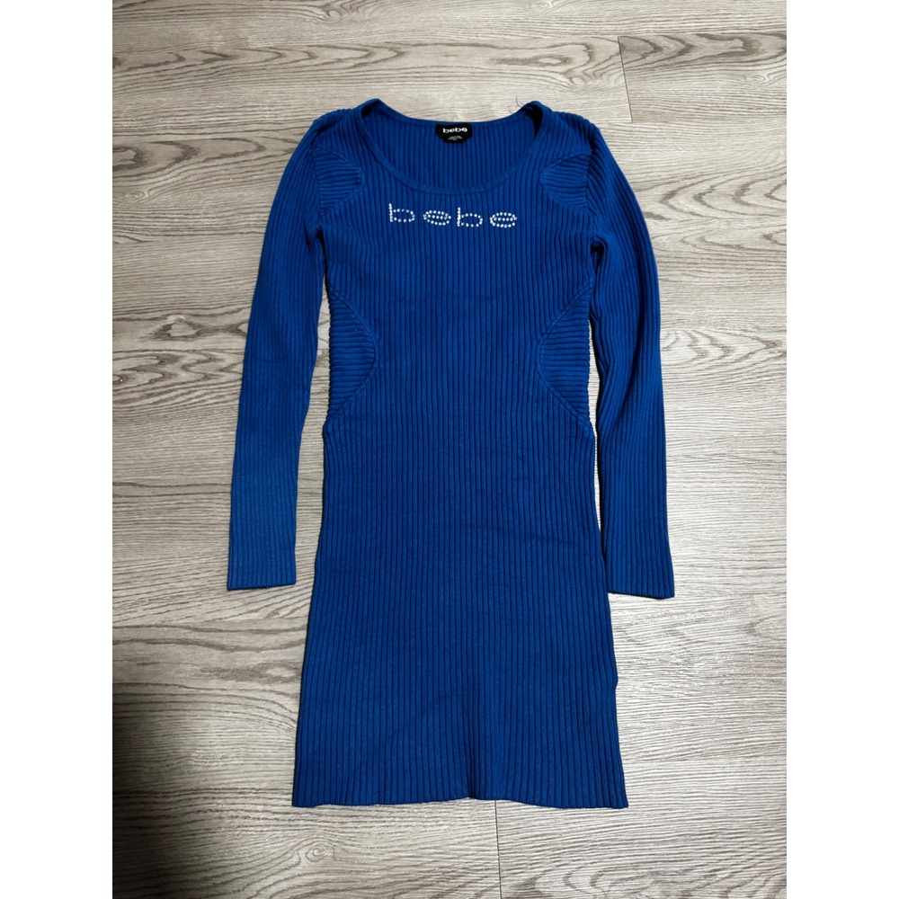 Bebe Blue Rhinestone Logo Ribbed‎ Long Sleeve Bodycon Mini Dress Fall  Medium